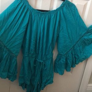 Turquoise off the shoulder bell sleeve Romper